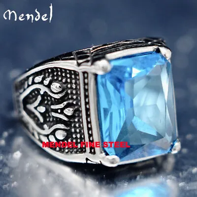 MENDEL Mens Blue CZ Aquamarine Square Stone Ring Stainless Steel Size 7 8 9-15 • $11.99