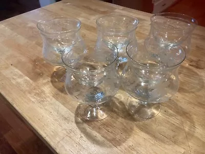 5 Vintage Etched Stemmed Glass Shrimp Caviar Cocktail  Glasses W/ Liners Inserts • $29.95