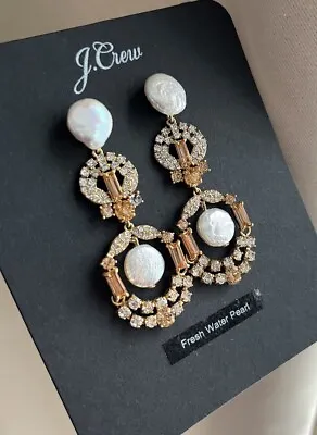 J Crew Freshwater Pearl Clear Champagne Crystsl Drop Gold Statement Earrings NWT • $46.74