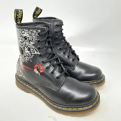 Dr Martens 1460 Rare 8 Eyelet Hole Rose Skull Black Leather Boots  Uk 5 Eu 38 • £114.99