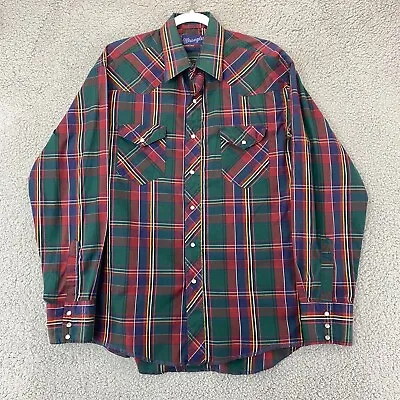 VTG Wrangler X-Long Tails Adult Large 16 Red Plaid Pearl Snap Western Shirt Mens • $15.75