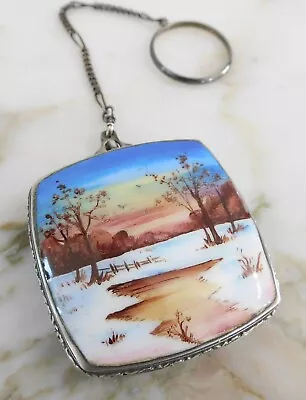 Antique Vintage Winter Scene Sterling Silver Enamel Scenic Compact • $295