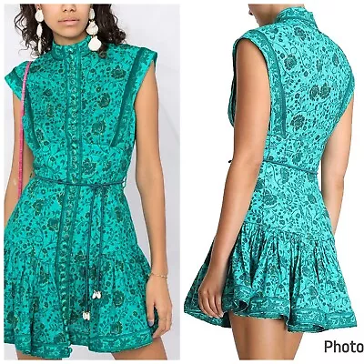 Zimmermann Lulu Mini Dress Floral Teal Linen Sleeveless Sz 8 • $399