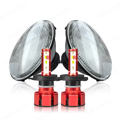 7  Stock Glass Lens Metal Headlight 6v 6-Volt 6k LED H4 Light Bulb Headlamp Pair • $108.99