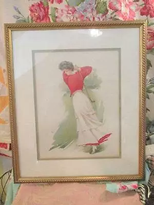VINTAGE MAUD STUMM LITHOGRAPH PIcture Wood Frame  LADY GOLFING VICTORIAN • $25