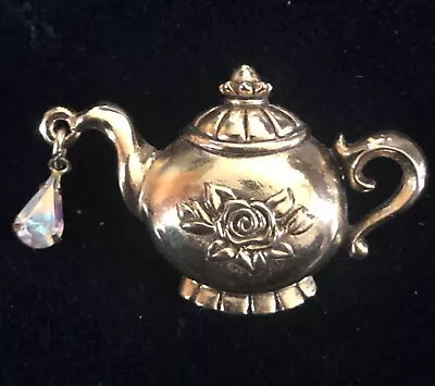 Vintage AVON Gold Tone TEAPOT Pin Brooch With Rhinestone • $6