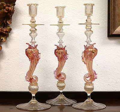  Antique Venetian Glass Three Large Dolphins Candlesticks 1880s • $2950