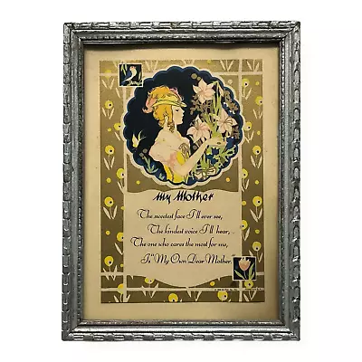 1930 Vintage Framed My Mother Motto Poem Print Gold Art Deco Style Silver Frame • $24.95