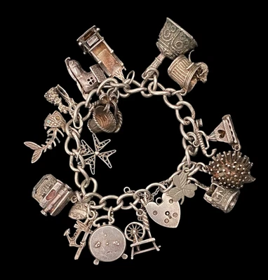£78 • Buy Vintage 1976 HM Sterling Silver Charm Padlock Curb Bracelet 16 Charms 59.85g