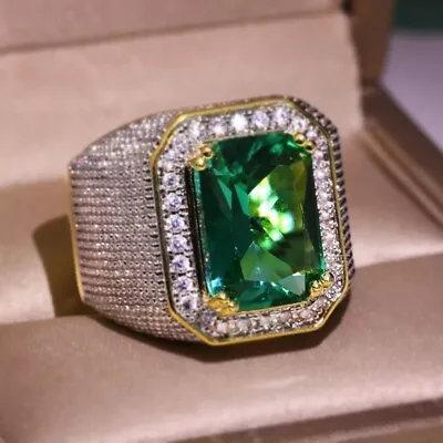 Mens Large Gold Shiny Diamond Emerald Green Gemstone Cz Bling Icy Ring • £9.99