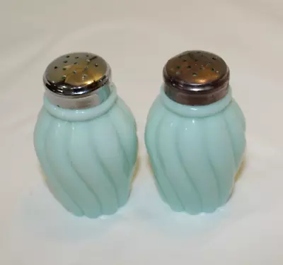 Vintage Salt And Pepper Shaker Fenton Glass Pastel Green Swirl Design • $116