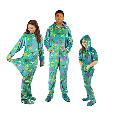 $11.99 • Buy Green Dinosaur Adult Kids Footie Pajama W/ Drop Seat Butt Flap -  Footed Onesie0