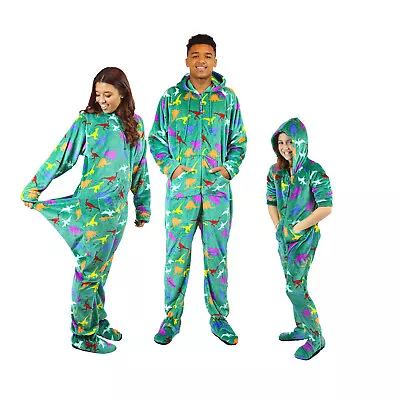 Green Dinosaur Adult Kids Footie Pajama W/ Drop Seat Butt Flap -  Footed Onesie0 • $27.99