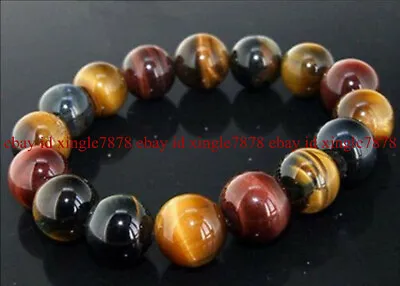 Natural 10mm Colorful Tiger's Eye Gemstone Round Beads Bracelet 7.5'' AAA+ • $3.88