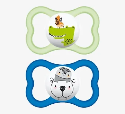 MAM Air Orthodontic Silicone Soothers/Pacifiers 6m+ Green Crocodile/Blue Bear • £12.99