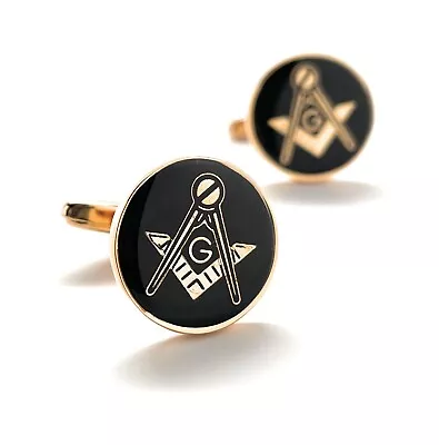 Freemason Cufflinks Freemasonry Cuff Links Gold Black Polished Round Masonic • $21.50