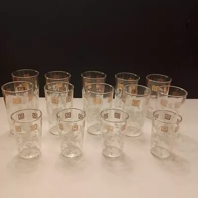 Tumblers Glasses Set Of 14 Anchor Hocking  MCM White Hibiscus Gold Grecian Key  • $29.95