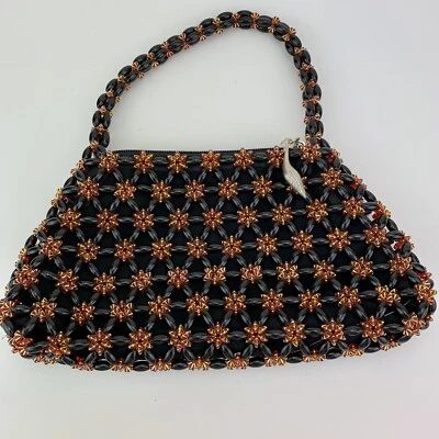 $35.90 • Buy Vintage Beaded Cocktail Purse Black Red Gold Evening Bag Chunky Sunburst Star