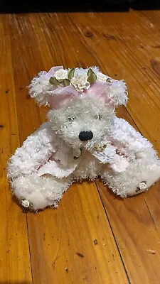 Mini White Shaggy Bear Teddy Pink Cardigan Flowers Floral Crown Sitting  • $18.08