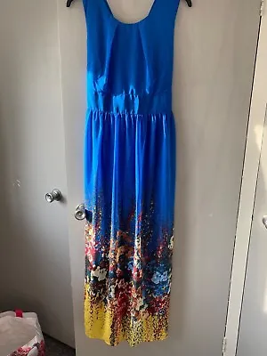 Size 20 Jolie Moi Blue Floor Length Dress With Bright Florals And Tie Belt - New • £25