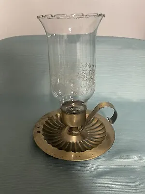$25 • Buy Vintage Brass Finger Loop Candle Holder & Etched Glass Chimney