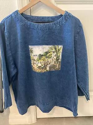 Michael Leu Art Shirt Denim Blouse Art To Wear Park Statue Fountain Cafe L • $18