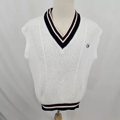 Fred Perry Sportswear Vintage Cable Knit V-Neck Tennis Sweater Vest White Large • $47.99