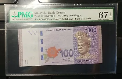 Malaysia Banknote Rm100 Pmg67epq Low Number Bq0000034 Zeti Gabenor • $118