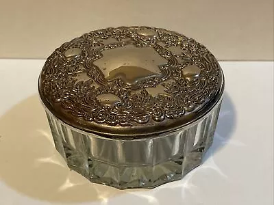 Vintage Silver-plate Crystal Glass Powder Puff Jar Makeup • $23