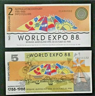 Australia / 1988 World Expo 88 - Banknote Set $2/$5 Brisbane Queensland • $4.99