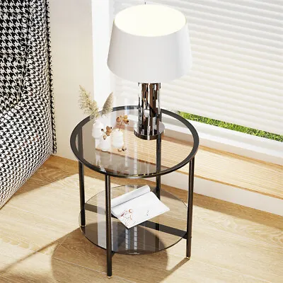 Luxury Round Side Tables Coffee Table Nightstand W/ Storage Grey Glass Table Top • $87.91