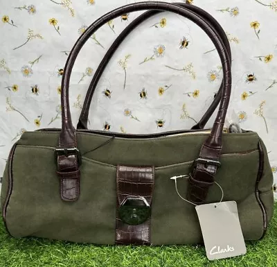 Clarks Vintage Handbag Bowling Bag Green Brown Leather Wide Shoulder Rare BNWT • £36.99