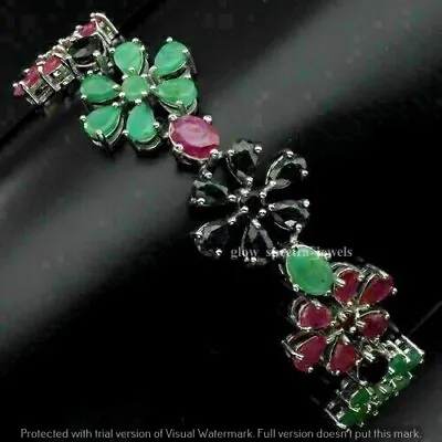 6.50 Ct Bracelet Ruby Emerald Sapphire Genuine Gem Flower 14k White Gold Plated • $160.79