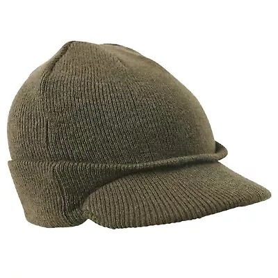 US Army Style Jeep Cap Peaked Beanie Hat Olive Green WWII Military Warm Knit • £6.95