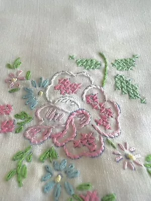 Vintage Unused Pillowcase Tubing Hand Embroidered Hand Crocheted Pink Flowers • $14