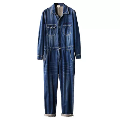 Men Casual Denim Playsuit Long Sleeve Overall Loose Fit Jeans Jumpsuits Pants • $80.73