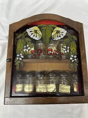 Vintage Wood Spice Rack Cabinet Glass Door Faux Stained Glass 2 Tier  12 Jars • $35