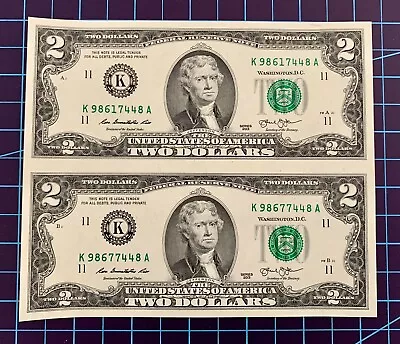 Uncut Sheet Of Two (2) $2 Two Dollar Bills / Series 2013 / Crisp Uncirculated • $9.50