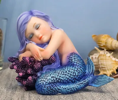 Under The Sea Blue Child Mermaid Sleeping On Coral Bed Statue Mergirl Figurine • $24.99
