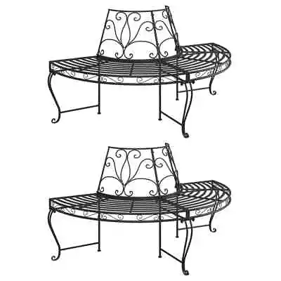 2x Half Round Tree Bench Black Steel Outdoor Garden Patio Seating Chair VidaXL • $603.99