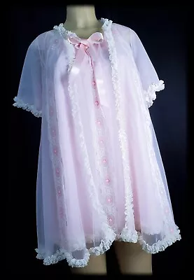 2pc Vintage 50s MISS ELAINE Pink BOW Short NIGHTGOWN Nylon PEIGNOIR Robe SET S/M • $69