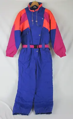 Vintage Ski Suit Snow Bib Purple Retro 90's Etirel Snowsuit Women 10 Neon Geo • $134.95