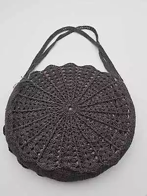 Vintage Circular Round Crochet Black Evening Purse  W/ Art Deco Star Zipper 10.5 • $19.95