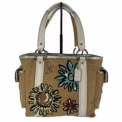 Coach Limited Burlap Embroidered Bee Flower White Leather Satchel Bag 9447 • $47.99