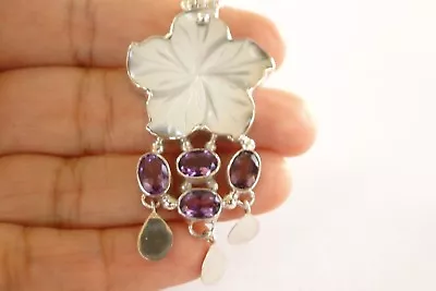 Mother Of Pearl Flower Amethyst  925 Sterling Silver Dangle Pendant • $59