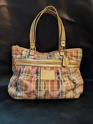 Coach Poppy Daisy Madras Purse Large Shoulder Tote Bag A1357-F21956 Plaid • $129.99