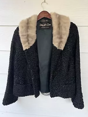 VTG 50s Women Coat Black Persian Curly Lamb Mink Collar American Deb Medium FLAW • $9.99