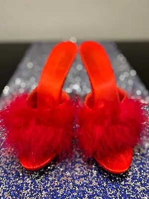 UK 8 Pleaser Fabulicious Poise-501F Juicy Red 5  Heel Marabou Fur Slides • £55