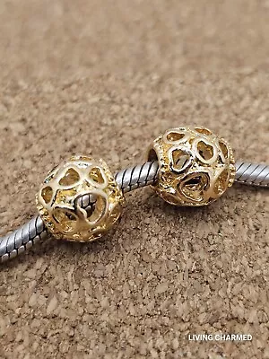 2 X Authentic Open Hearts All Over Golden Heart Spacer European Charm Beads   • $12.95