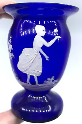 Mary Gregory Style Cobalt Blue Glass Bud Vase Victorian Woman Flower Rose Vtg • $16.50